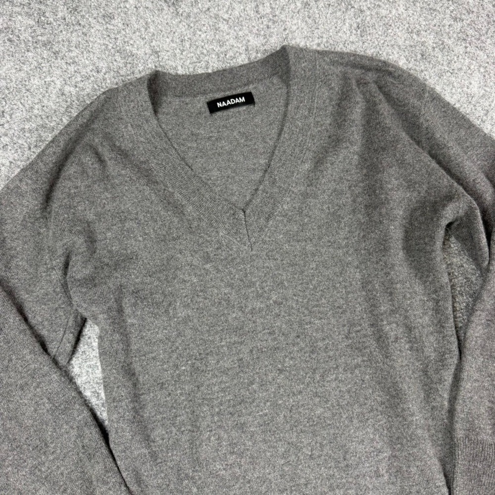 Naadam Sweater Dress Women Medium Gray V-Neck Long Sleeve Midi Knit